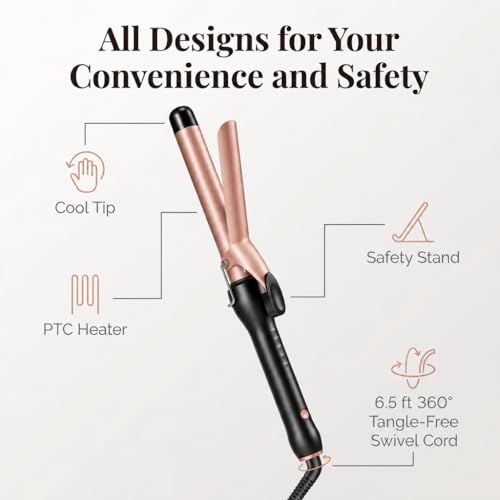 1 Inch Curling Iron with Clamp - Tourmaline Ceramic Hair Curler, 5 Heat Settings, Fast Heating, Dual Voltage, Auto Shut-Off
