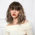 LOSOMEEER Short Wavy Bob Wig with Bangs - Honey Blonde Highlight, 14 Inch, Heat-Resistant Fiber
