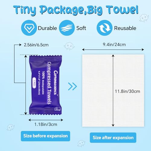 Premium Compressed Towels (50 Pack)-9.4" x 11.8", Portable Cotton Coin Tissues, Disposable Washcloths, Face Towels for Travel, Beauty, Camping, Hiking, Outdoor Activities