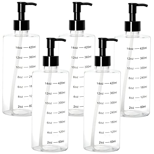 Youngever 5 Pack Plastic Pump Bottles 16 Ounce, Clear Refillable Plastic Pump Bottles with Measurement and Travel Lock (Cylinder Shape)