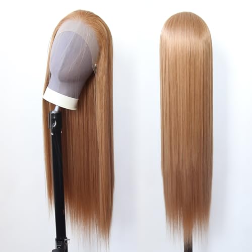 Zigzag Hair Strawberry Blonde Lace Front Synthetic Wig with Natural Hairline, Pre-Plucked & Heat Resistant - Long Straight Honey Brown Style