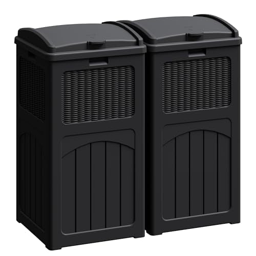 Greesum 33 Gallon Outdoor Waterproof Resin Trash Can with Lid - 2 Pack, Black