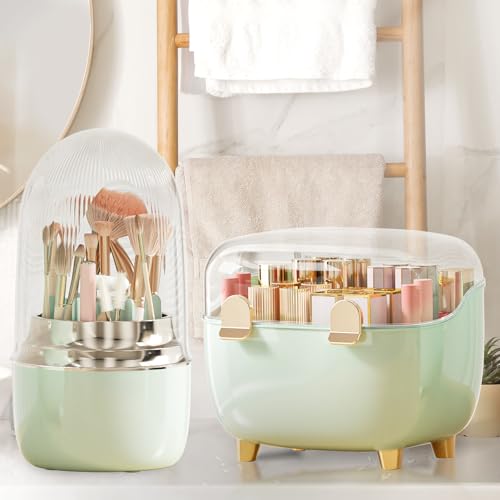 Makeup Brush Holder 360 Rotating, [Upgrade & with Cover] Makeup Brush Organizer for Vanity Countertop Bathroom (Green)