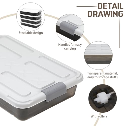 Beeveer 4 Pack Under Bed Storage Containers 23.7 x 15.8 x 5.2 Inches Brown - Large Capacity, Stackable with Wheels & Lids