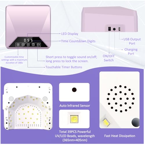 78W UV LED Nail Lamp with Adjustable Telescopic Stand, Corded Nail Dryer for Gel Nails, 39 LEDs, 30/60/99/180s Timers, Removable Base for Home & Salon