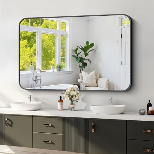 Bathroom Wall Mirror 48 Inch x 30 Inch Large Vanity Mirror for Over Sink - Black Frame