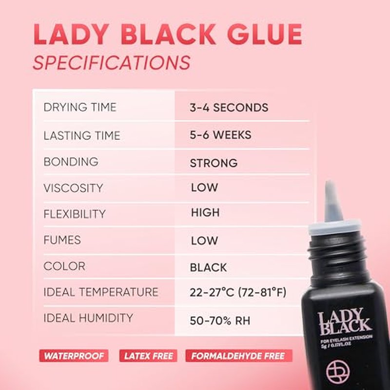 Lady Black Glue for Eyelash Extension 5ml, 3-4s Drying Time, 5-6 Weeks Retention, Black Strong Adhesive, Waterproof Lash Bond, Latex Free, Professional Use Only.