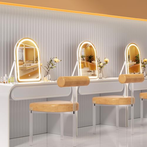 Hasipu Vanity Mirror with Lights and Bluetooth Speaker, 13.8"¡¿ 18" Arched LED Makeup Mirror, Lighted Makeup Mirror with Lights, Smart Touch Control Dimmable 3 Modes Light 360¡ÆRotation White