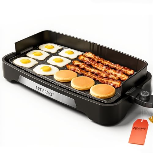 SENSCHEF 20x12 Inch Electric Nonstick Griddle - Foldable Anti-Mess Shield, 1700W, Midnight Black