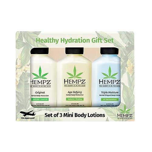 Hempz Healthy Hydration Triple Moisture, Age Defying, & Original (2.25 Oz, 3-Pack) Body Moisturizing Lotion Gift Set ? Mini Scented Travel Cream Skin Care for Women & Men, Made with Shea Butter