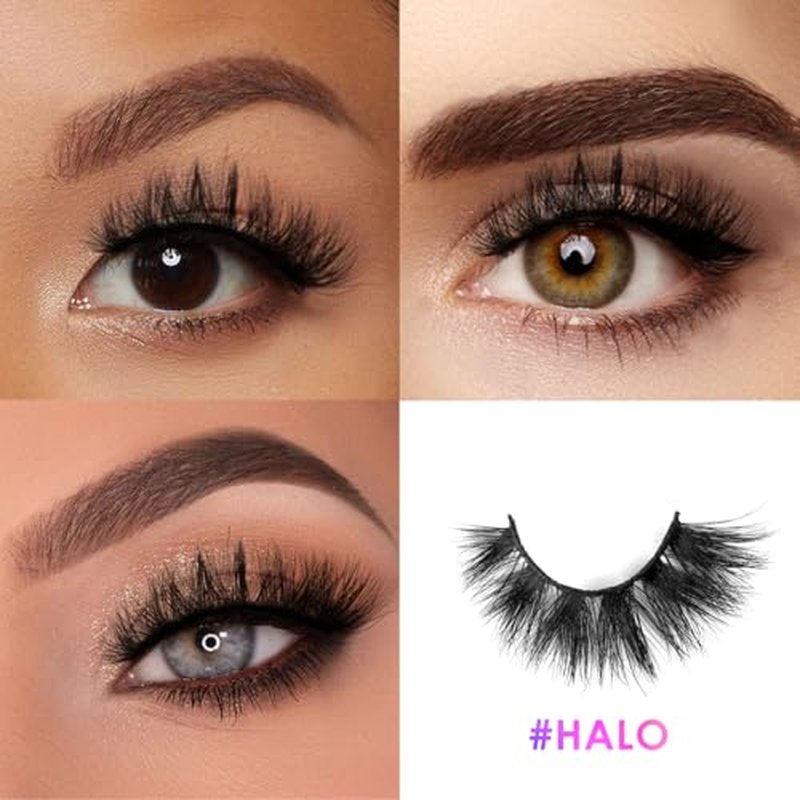 20mm Halo Mink Lashes, 3D Real Mink Eyelashes, 3 Pairs Cat Eye Lashes, Fluffy Dramatic False Eyelashes, 6D Long Thick Luxury Volume Strip Lash, Soft Reusable Non-Irritating Fake Lash