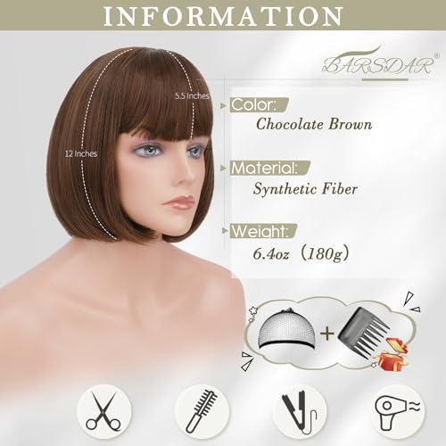 BARSDAR Short Brown Bob Wig With Bangs - Short Brown Bob with Bangs Wig for Women - 12 Inch Natural Looking Soft Synthetic Hair Replacement Wigs Velma Kelly Costume Dora Wigs Daily Party Halloween