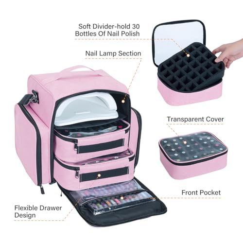 Pink Nail Polish Organizer Case for 60 Bottles with Detachable Bags - Travel & Storage