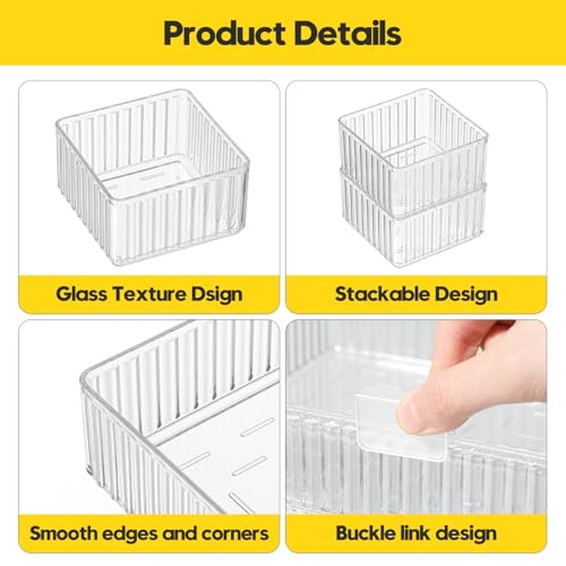 7 PCS Clear Drawer Organizer Bins with Locking Clips - Stackable Interlocking Makeup Vanity Organizer Trays for Bathroom, Cosmetics, Kitchen, Office - Acrylic Storage Containers Set