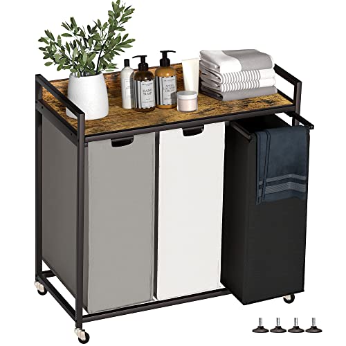 Laundry Hamper with 3 Removable Bags and Shelf - Rustic Brown, 60L Capacity, Movable Wheels - 3 Bag Set