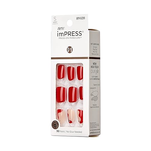 KISS imPRESS Press-On Manicure Fake Nails ? Adore You, Short, Square, Red, Easy Press On, Chip Proof, Smudge Proof, Waterproof, No Dry Time, Comfortable & Secure, Super Hold Adhesive | 30 Count