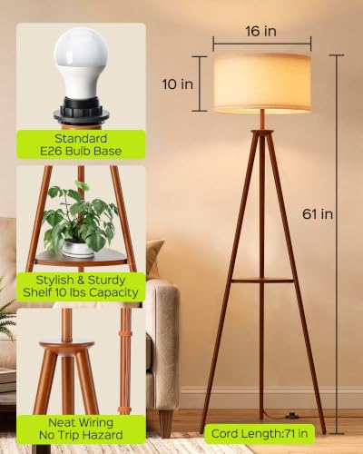 Tripod Floor Lamp with Shelves - Mid Century Modern Standing Light for Living Room