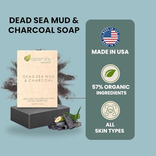Aspen Kay Naturals Dead Sea Mud and Charcoal Soap Bar. With Organic Shea Butter & Pure Essential Oils. Charcoal Face Wash for Men, Women & Teens. (6 pack)