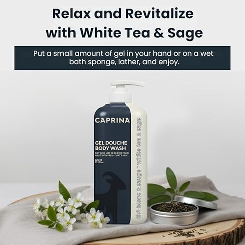 Caprina Fresh Goat¡¯s Milk Body Wash, WHITE TEA & SAGE Formula, 625 ml, Moisturizing Cleanser for Normal Skin, Gentle Daily Hydration
