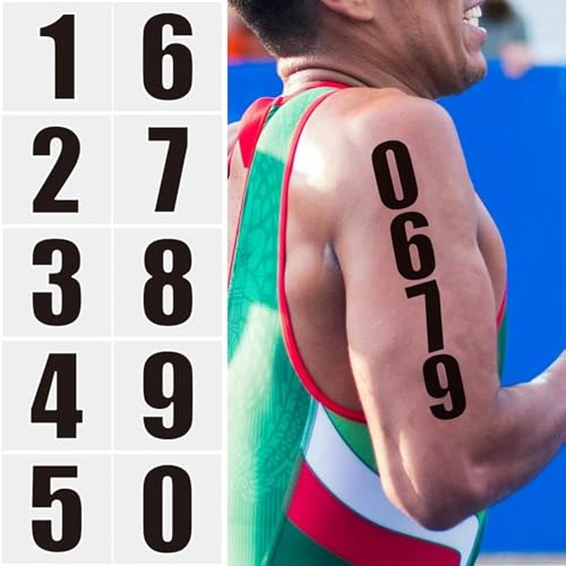 50pc Arabic Numerals Mark Digital Tattoo Sticker Ironman Triathlon, 50 Pack 5 of Each Large Race Number Temporary Tattoo Adult, Waterproof Sport Mark Sign Fake Temp Tattoo Men Women Athletes Marathon
