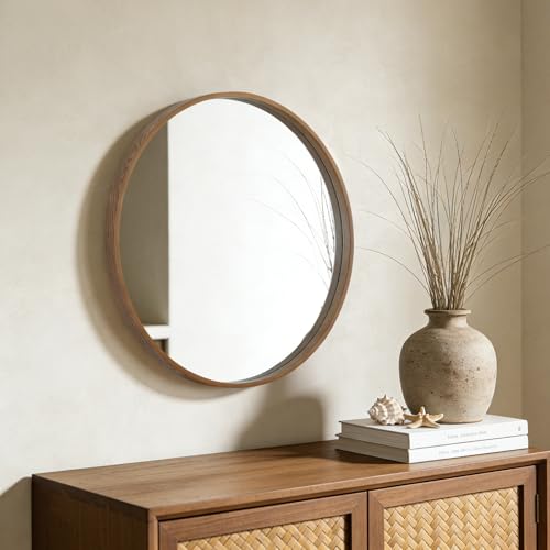 Wood Round Wall Mirror 24 Inch with Walnut Frame - Bathroom & Living Room Decor