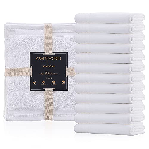CRAFTSWORTH Cotton Washcloths Set (12x12 Inches,Pack of 12) -650 GSM 100% Ring Spun Cotton - Premium Quality Highly Absorbent and Soft Feel Face Cloth Fingertip Towels - White