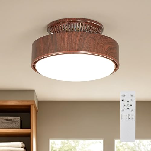 Walnut Bladeless Ceiling Fan with Lights, 11 Inch Flush Mount Fandelier, Remote Control, Dimmable LED for Bedroom & Kitchen