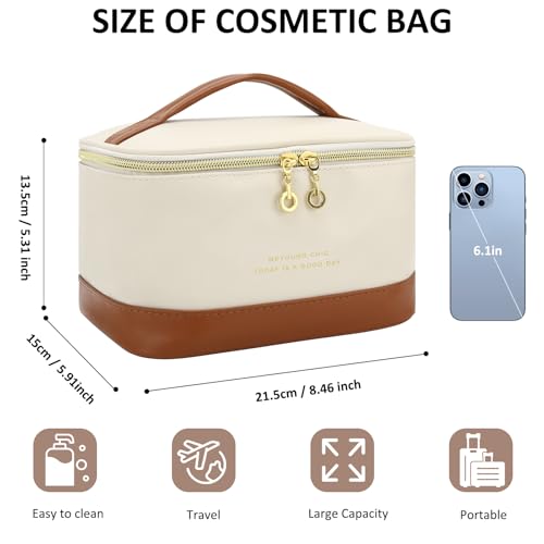 Small Makeup Bag Travel Cosmetic Bag Toiletry Zipper Pouch Make Up Organizer Bag with Handle Purse for Women Soft PU Leather Skincare Case (L01-Beige)