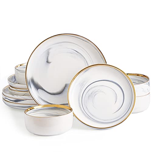 Pokini Marble Gold Rim Dinnerware Sets - Sage Green Porcelain Plates & Bowls