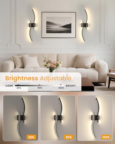 NIORSUN Black 27.6 Inch Rechargeable Wireless Wall Sconce Set of 2 with Remote, Dimmable & 3CCT, Modern LED Wall Lights for Living Room & Bedroom