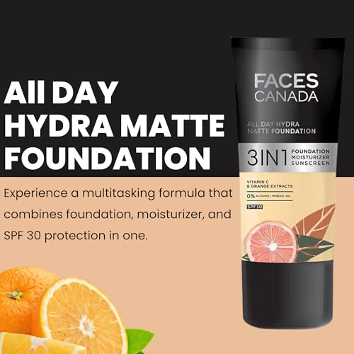FACESCANADA All Day Hydra Matte Foundation with SPF 30 - Absolute Ivory | 3-in-1 Foundation Moisturizer Sunscreen | Oil Free with Vitamin C | 0.85 Fl oz (25ml)