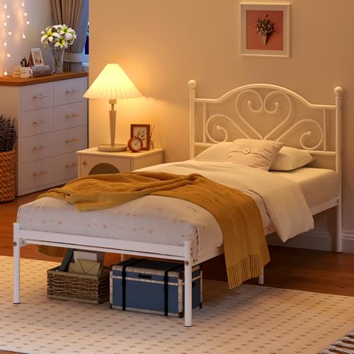 White Twin Bed Frame with Heart Headboard - Heavy Duty Metal Platform for Kids & Teens