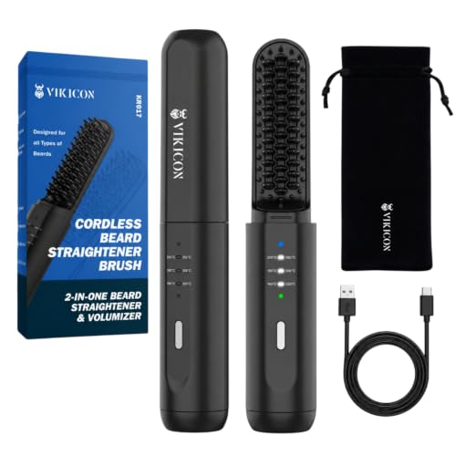 VIKICON Beard Straightener for Men - Black Cordless Heated Comb with 3 Temp Settings & Anti-Scald