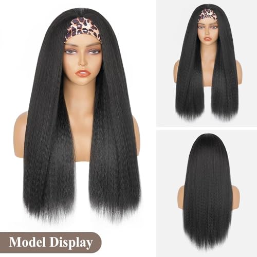 Kinky Straight Headband Wig 22 Inch Black 1B - Glueless Synthetic Hair for Women