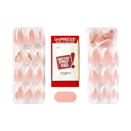 KISS imPRESS No Glue Mani Press On Nails, French, 'Glimpse', White, Medium Size, Coffin Shape, Includes 30 Nails, Prep Pad, Instructions Sheet, 1 Manicure Stick, 1 Mini File