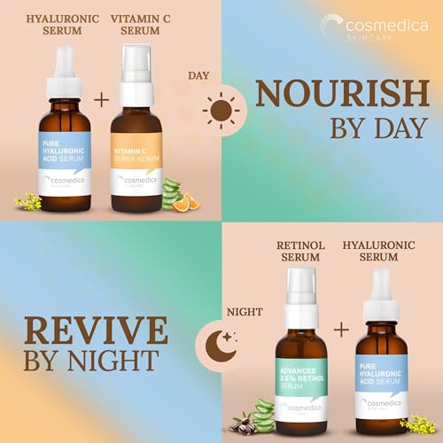 Cosmedica Skincare Face Serum Set – Vitamin C, 2.5% Retinol & Hyaluronic Acid, 3 x 1 oz, Anti-Aging, Brightening, Hydrating