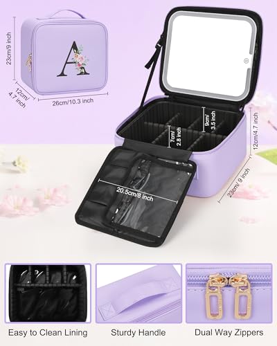 Relavel Personalized Initial Makeup Bag with LED Mirror - Purple, Monogram Cosmetic Train Case for Women & Girls - Variation C
