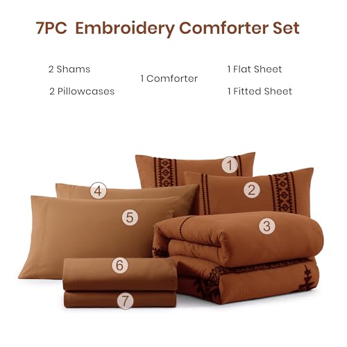 MaiRêve Burnt Orange Full Embroidery Comforter Set 7 Pieces Bed in a Bag