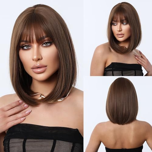 14 Inch Brown Bob Wig with Bangs, Natural Hairline & Glueless Fit