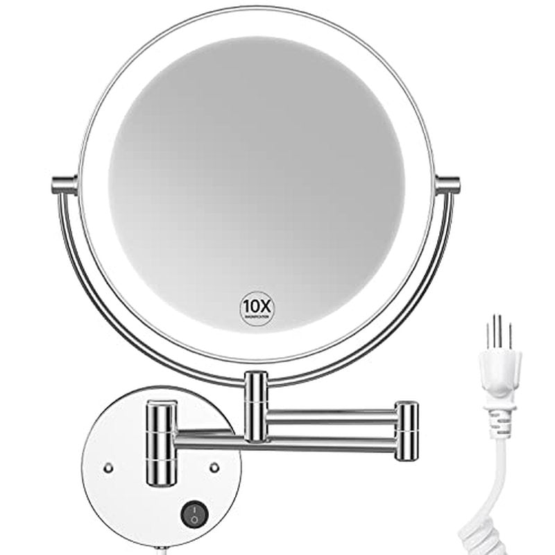 Benbilry 9" Large Size Wall Mounted Lighted Makeup Vanity Mirror, 1X/10X Magnifying 2-Sided AC Plug-in Powered Bathroom Mirror, 360¡Æ Swivel 13 Inch Extendable Arm, Chrome
