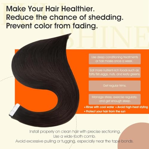 Full Shine Tape-in Human Hair Extensions Dark Brown 18 Inch 50G 20Pcs - Natural Remy Hair, Seamless & Reusable, #2 Variation