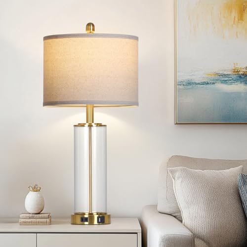 Luxeflow 26-Inch Gold Glass Table Lamps Set of 2 with USB-C, Outlets & Dimmable Touch Control - Modern Bedroom & Living Room Decor