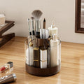 Makeup Brush Holder 360¡Æ Rotating 6 Slot Multi-Compartment Storage, Acrylic Spinning Organizer for Cosmetics Nail Polish Combs, Bathroom Vanity Desktop Organizer (Dark Woodgrain)