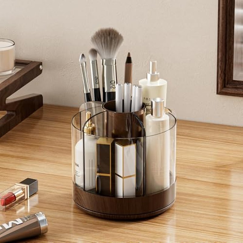 Makeup Brush Holder 360¡Æ Rotating 6 Slot Multi-Compartment Storage, Acrylic Spinning Organizer for Cosmetics Nail Polish Combs, Bathroom Vanity Desktop Organizer (Dark Woodgrain)
