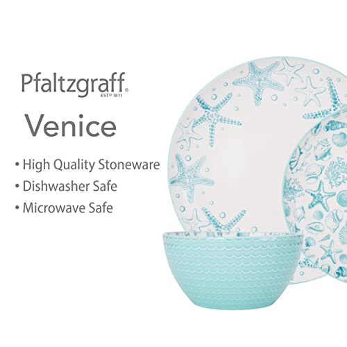 Pfaltzgraff Venice 16-Piece Stoneware Dinnerware Set for 4 - Coastal Aqua & White