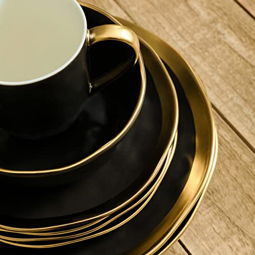 Stone Lain Florian 16-Piece Black Porcelain Dinnerware Set with Gold Rim for 4 - Modern & Elegant