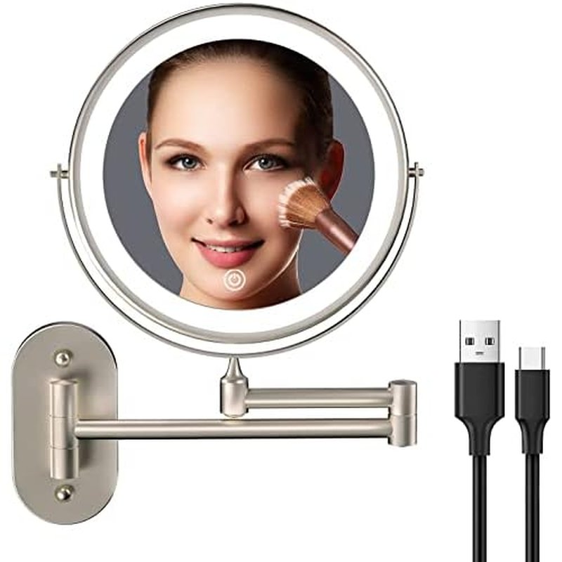 5000mAh Rechargeable Wall Mounted Lighted Makeup Vanity Mirror, Double Sided 1X 30X Magnifying Bathroom Mirror, 3 Color Lighting, Touch Screen Dimming, Extended Arm 360 Rotation Shaving Mirror