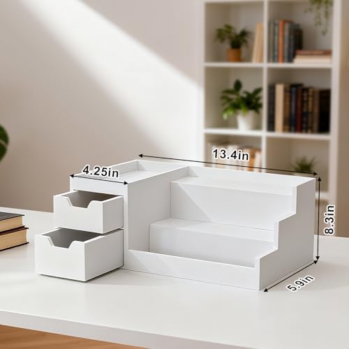 White Wooden Perfume & Makeup Organizer Countertop Rack - 2 Drawers, 3 Tiers