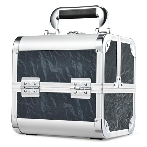 Costravio Makeup Case Train Case Portable Makeup Box with Mirror Lock Box Travel Cosmetic Train Cases Hard Make Up Organizer for Girls Nail Craft Storage Vanity Misty Hills Black