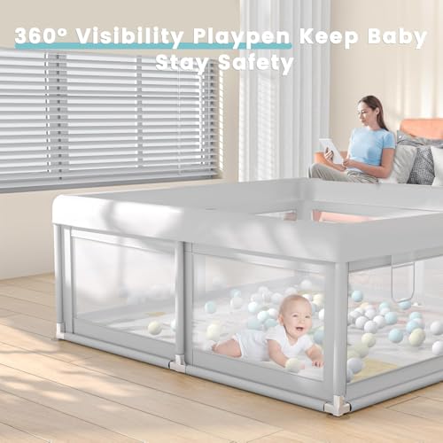 Baby Playpen with Mat and Ocean Balls - Light Grey + 50x50 Inch Play Area